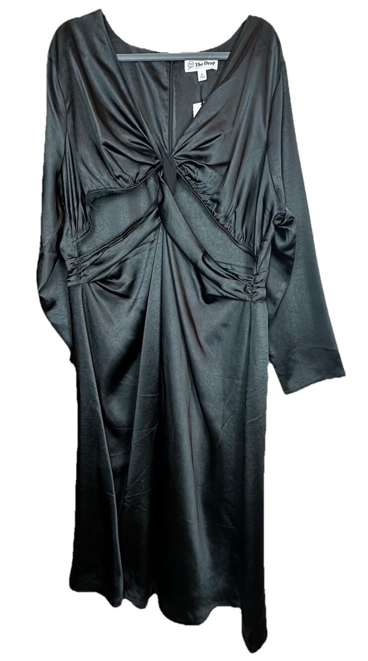 The Drop Women’s Sexy Violeta Black Satin Dress Front Cutout Long Sleeve Zip 2X